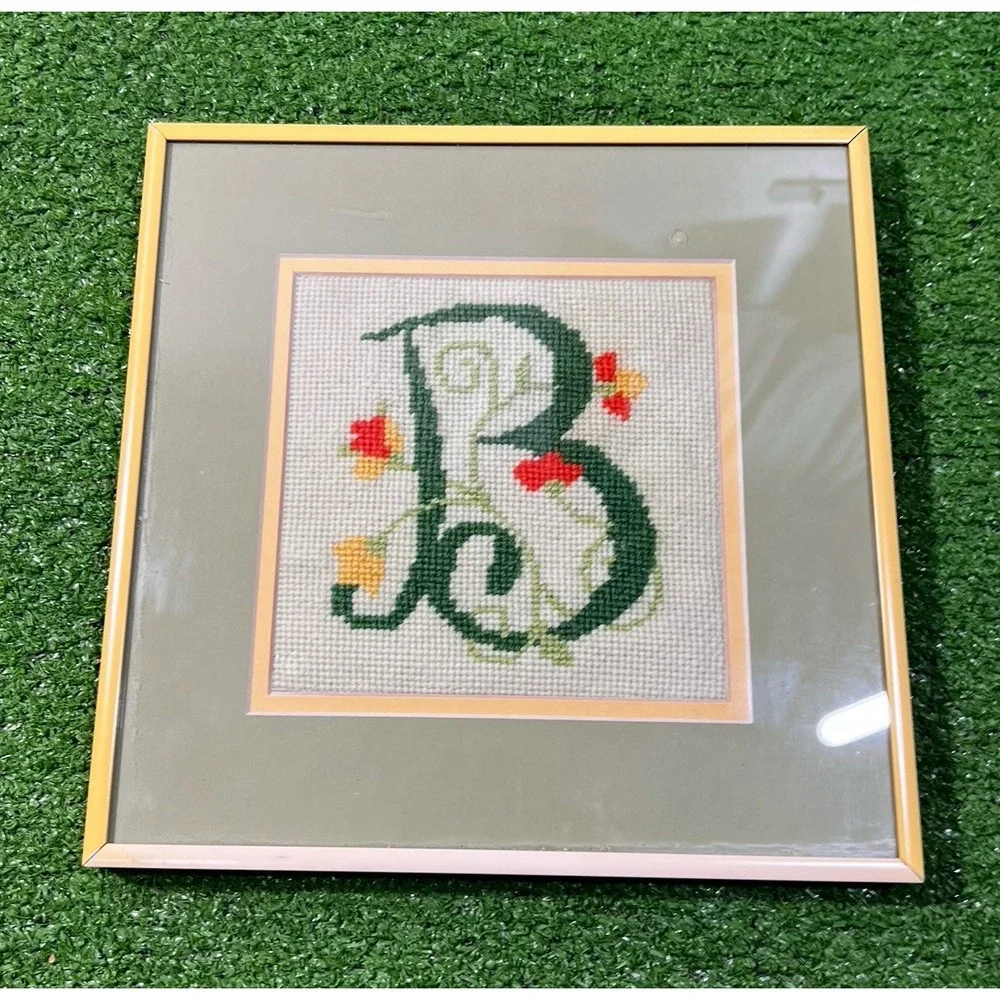 Vintage Framed Needlepoint Floral Monogram Professional Framed Sage Green Yellow